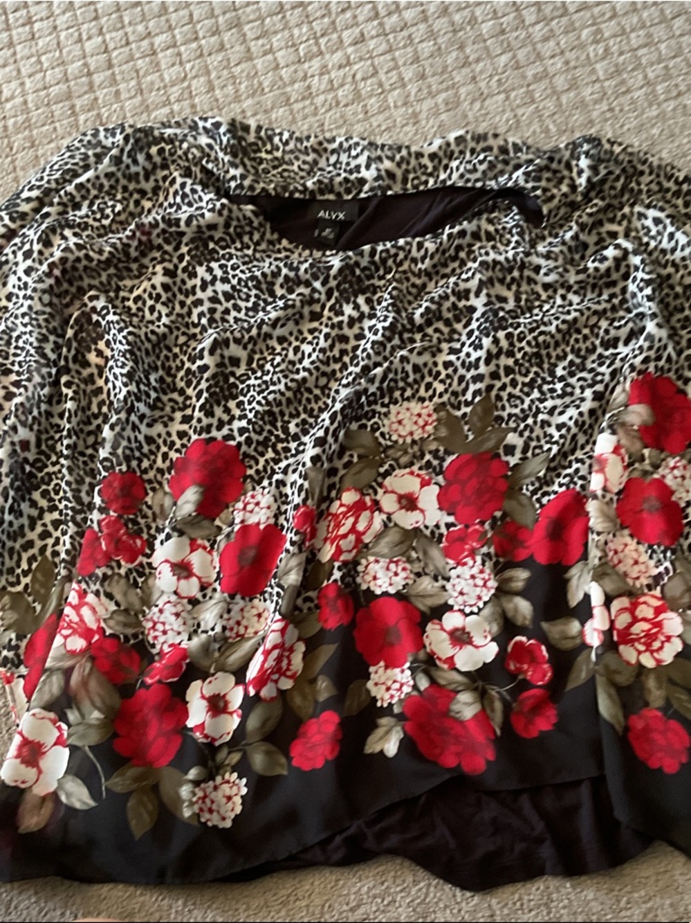 ALYX Black, White & Red Floral-Trim Leopard Print Blouse